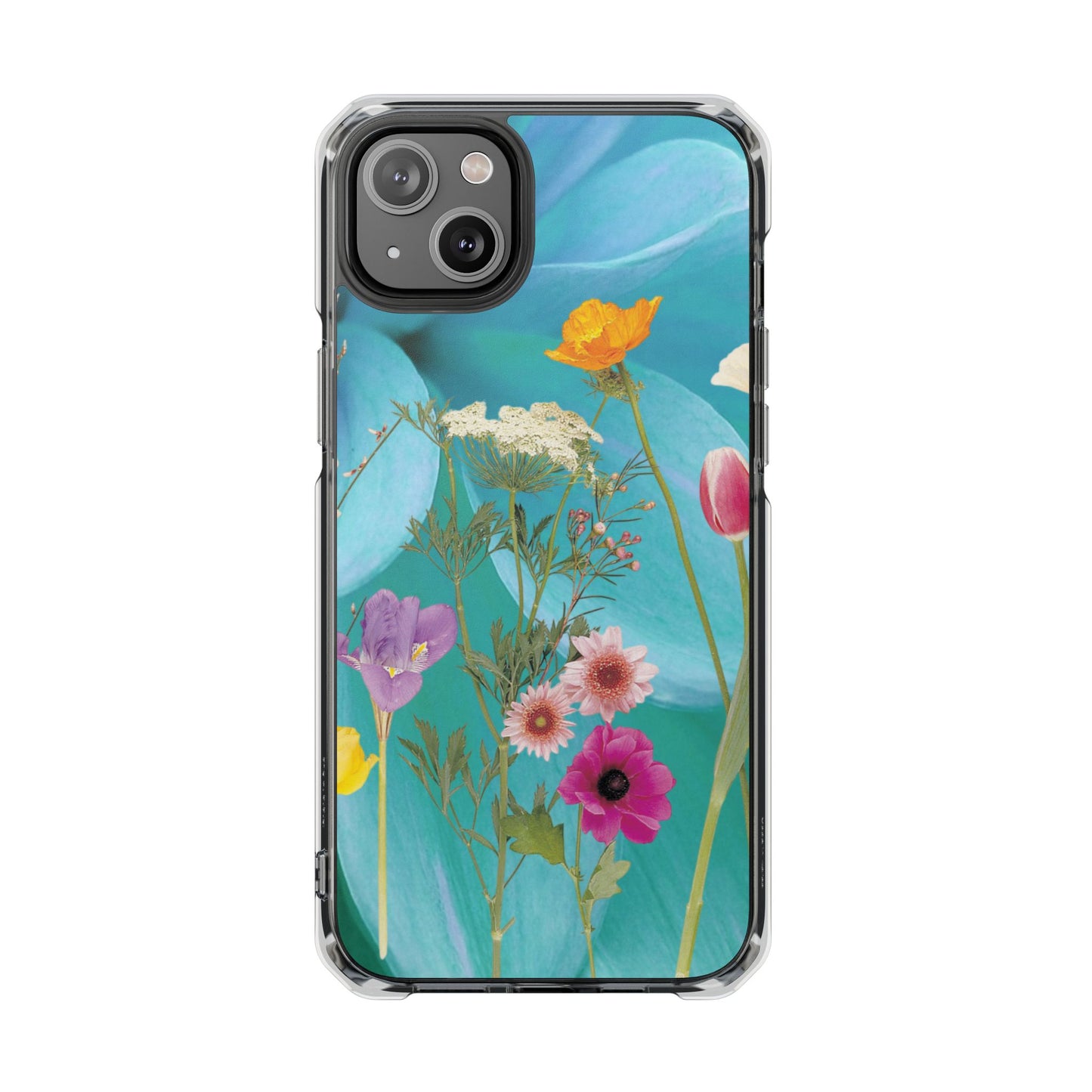 Magnetic Clear Impact Phone Case - Field Summer Flowers on Blue Dahlia Background