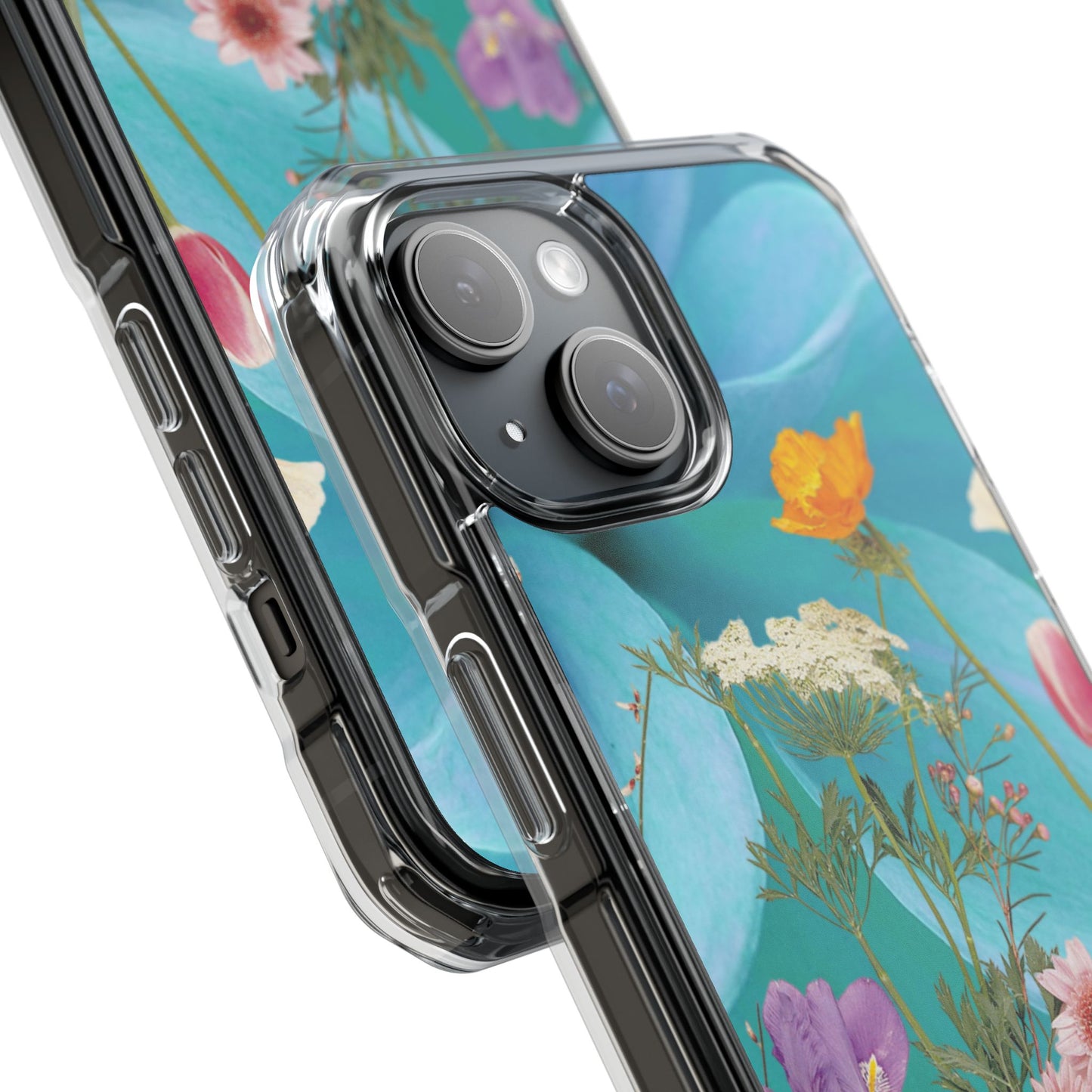 Magnetic Clear Impact Phone Case - Field Summer Flowers on Blue Dahlia Background