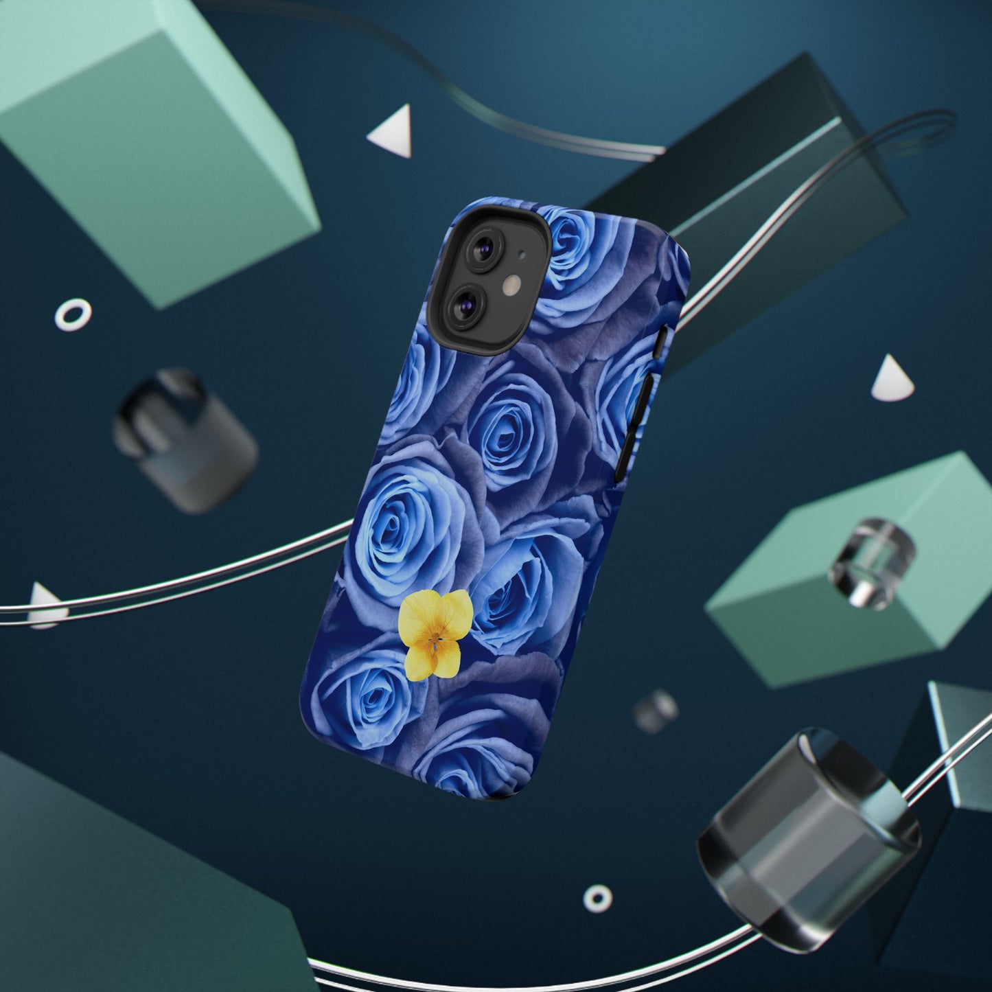 Impact-Resistant Phone Case - Blue Roses & Yellow Flower Design