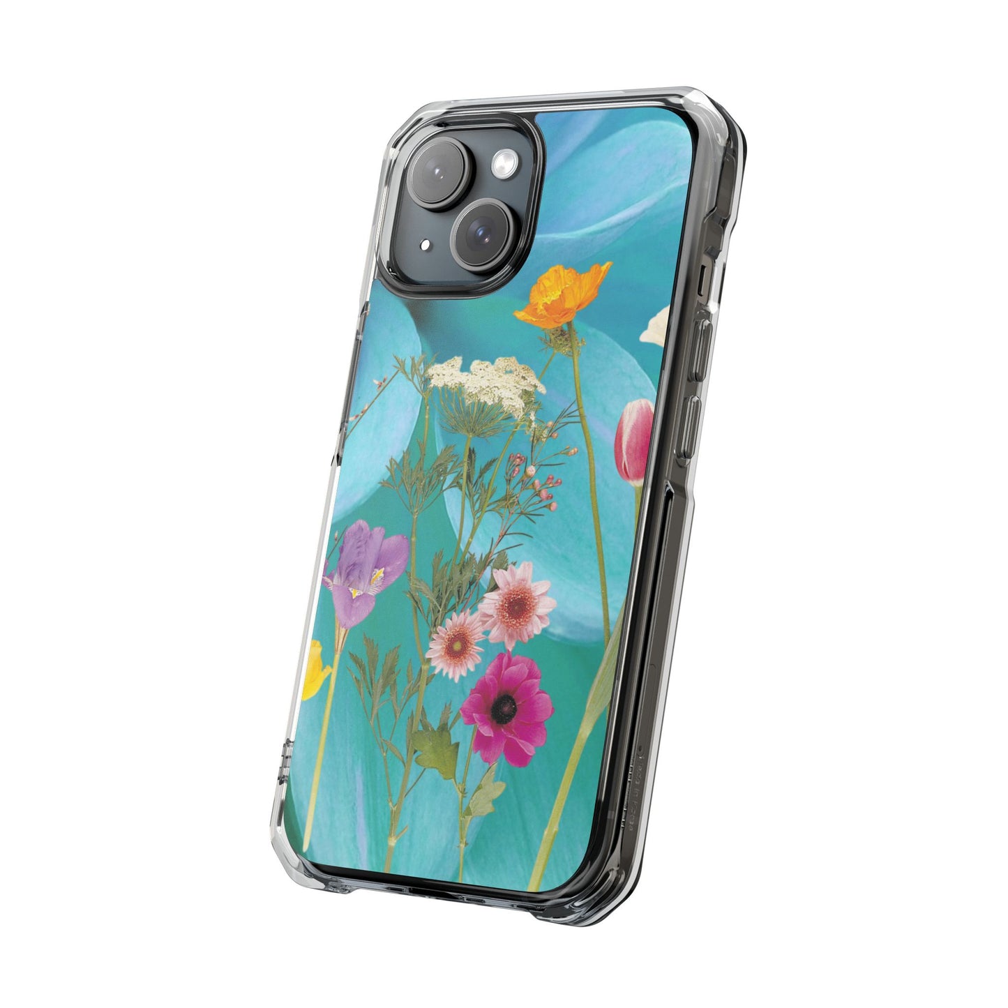 Magnetic Clear Impact Phone Case - Field Summer Flowers on Blue Dahlia Background