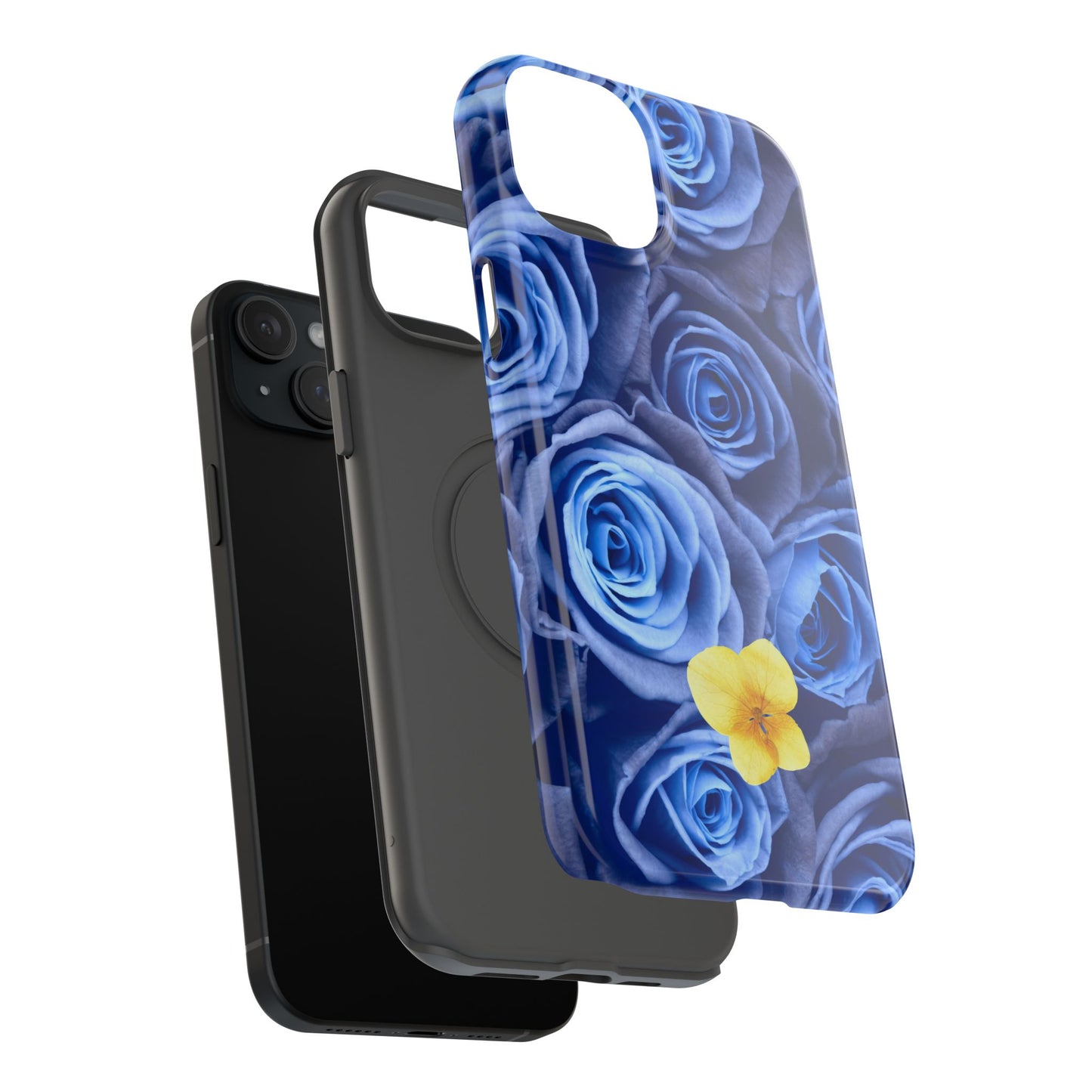 Impact-Resistant Phone Case - Blue Roses & Yellow Flower Design