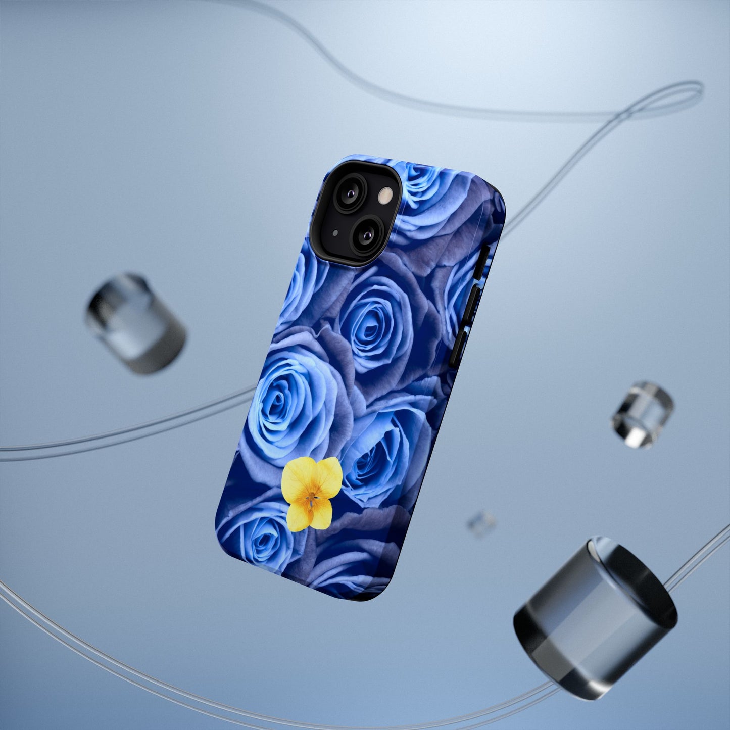 Impact-Resistant Phone Case - Blue Roses & Yellow Flower Design