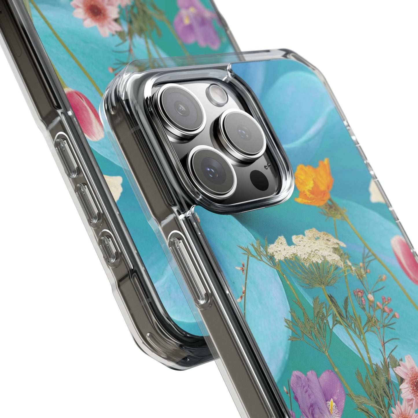 Magnetic Clear Impact Phone Case - Field Summer Flowers on Blue Dahlia Background