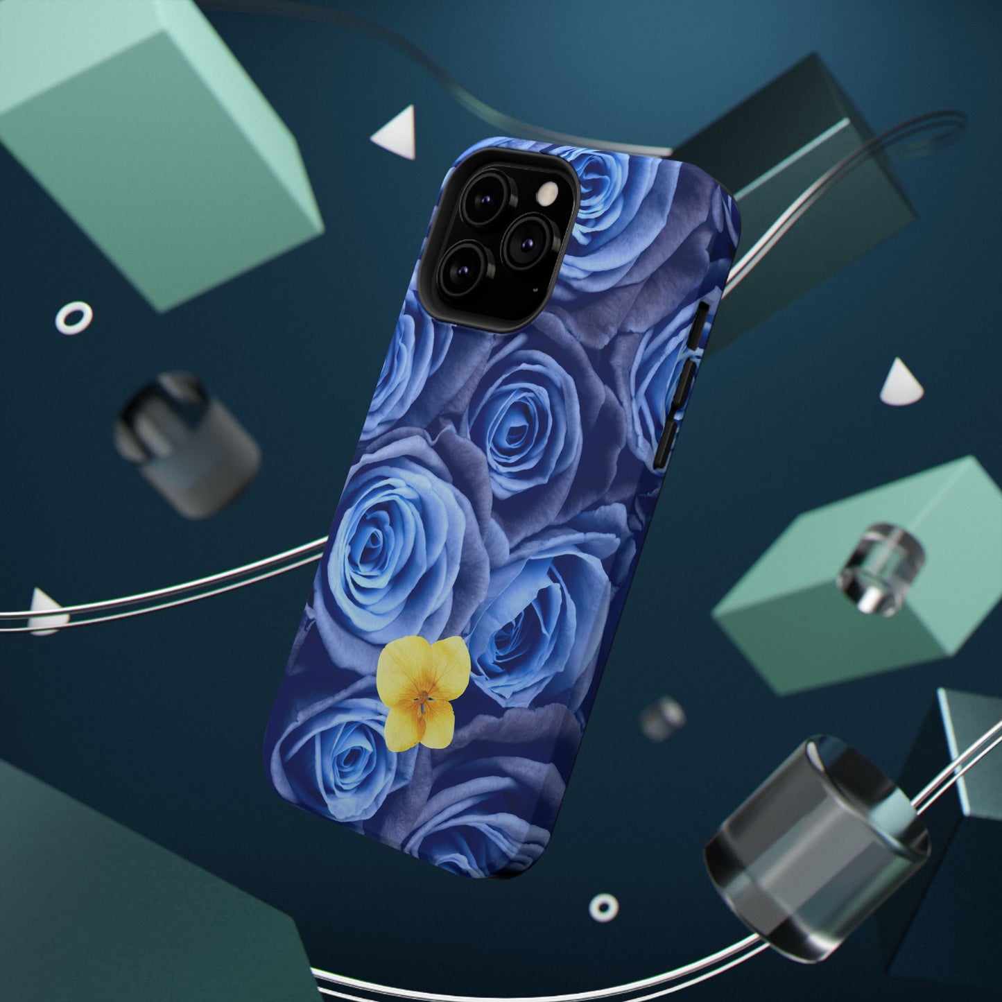 Impact-Resistant Phone Case - Blue Roses & Yellow Flower Design