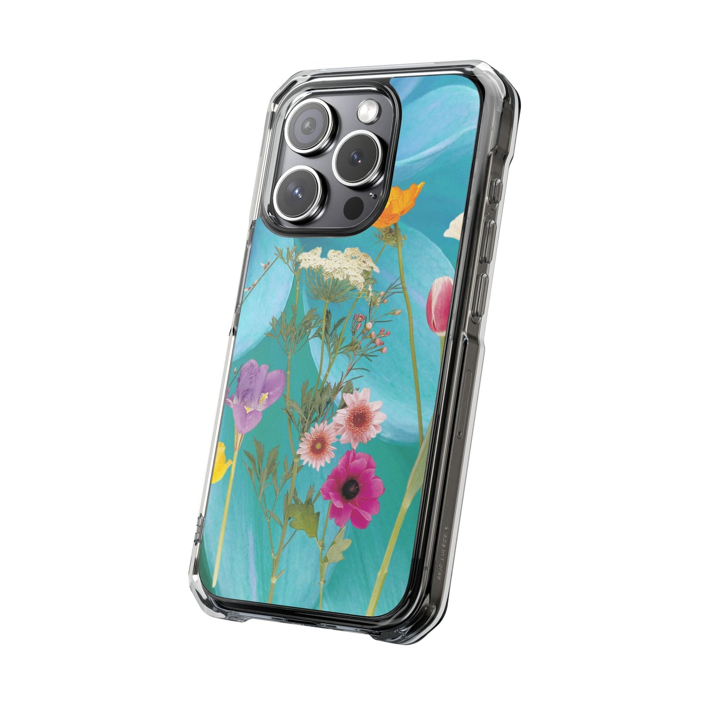 Magnetic Clear Impact Phone Case - Field Summer Flowers on Blue Dahlia Background