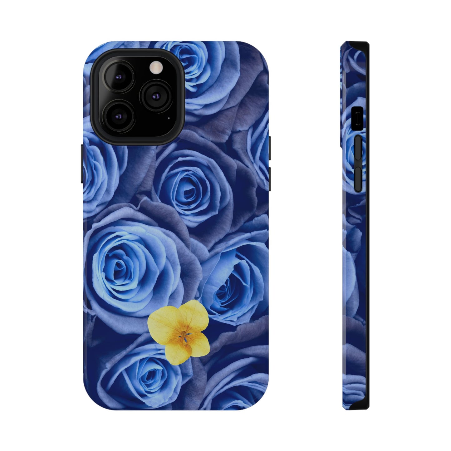 Impact-Resistant Phone Case - Blue Roses & Yellow Flower Design