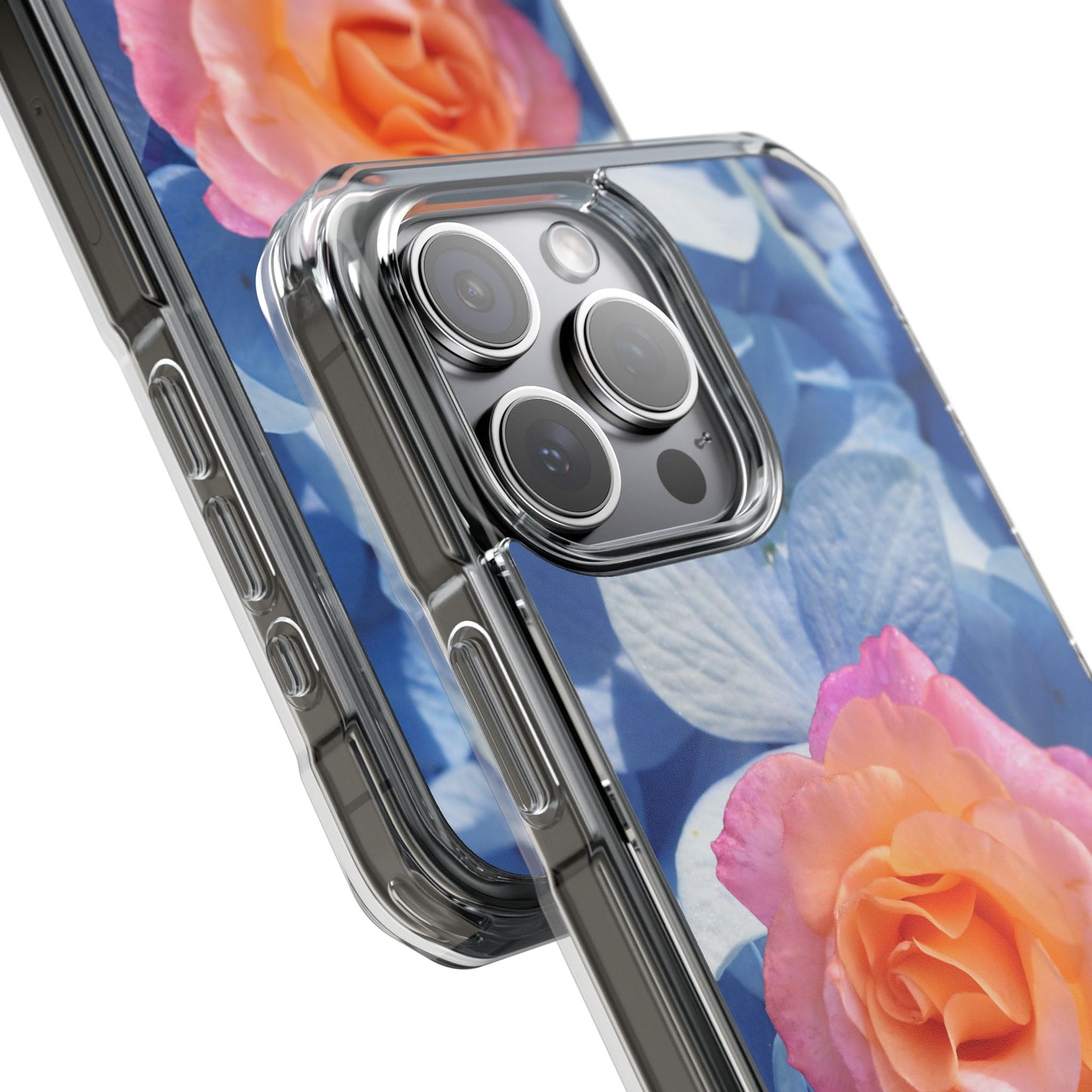 Magnetic Clear Impact Case- Rose on Blue Flowers Background