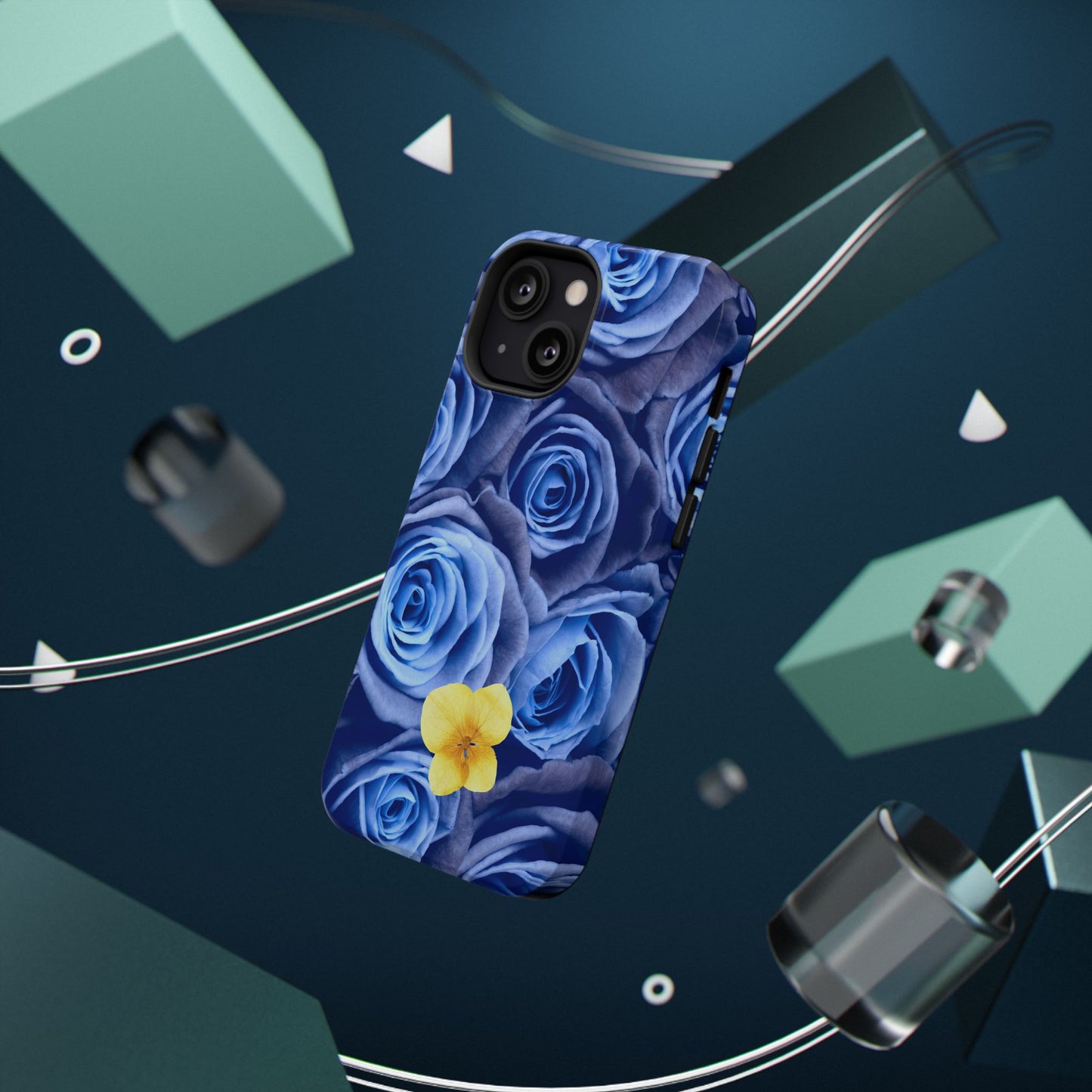 Impact-Resistant Phone Case - Blue Roses & Yellow Flower Design