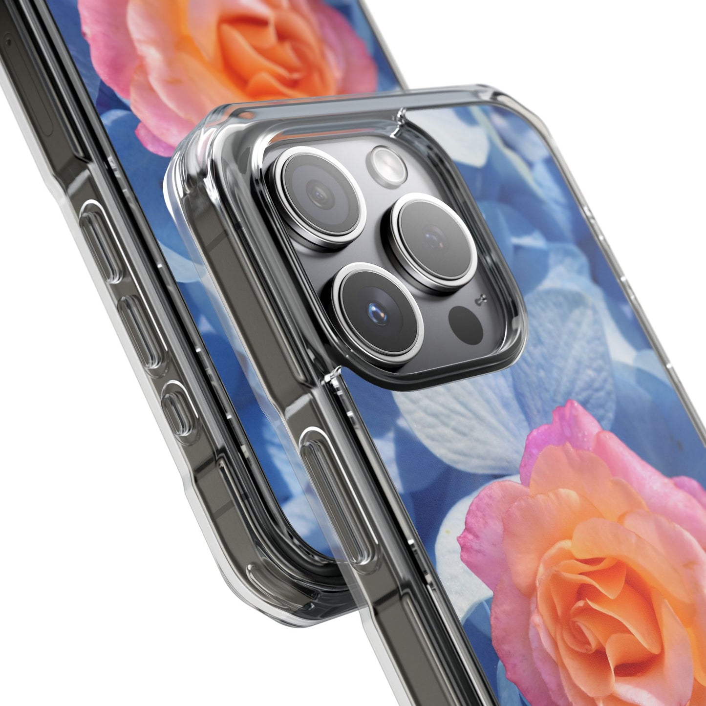 Magnetic Clear Impact Case- Rose on Blue Flowers Background