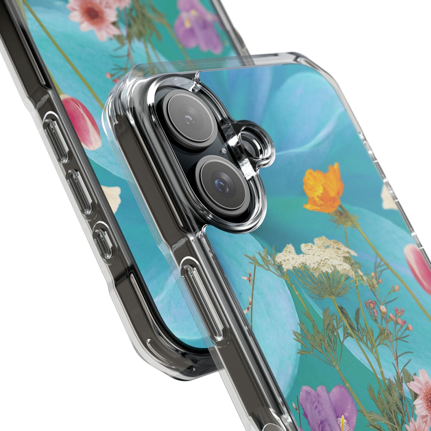 Magnetic Clear Impact Phone Case - Field Summer Flowers on Blue Dahlia Background