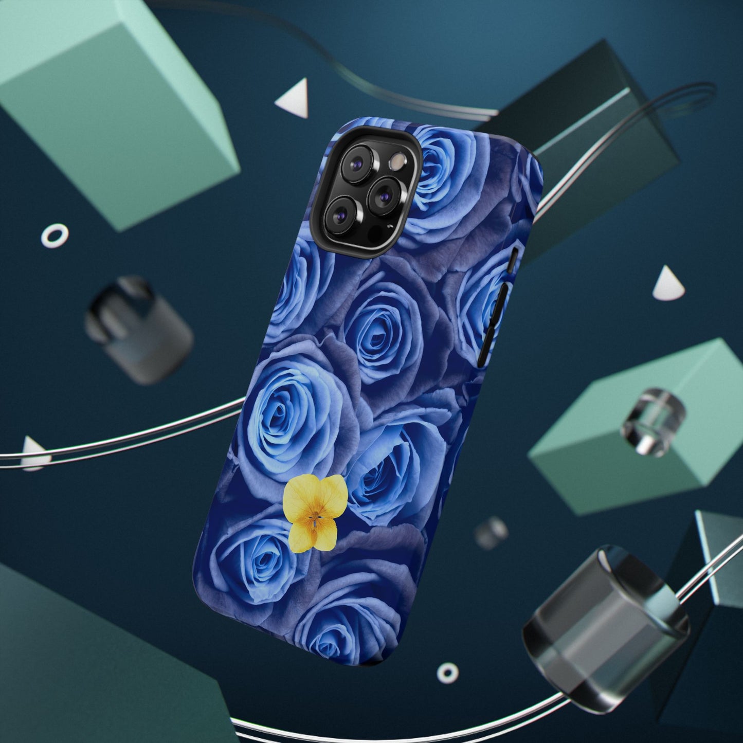 Impact-Resistant Phone Case - Blue Roses & Yellow Flower Design