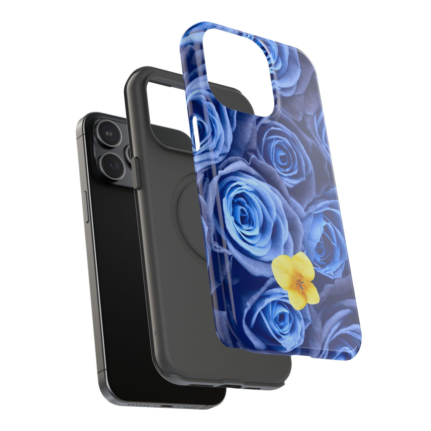 Impact-Resistant Phone Case - Blue Roses & Yellow Flower Design