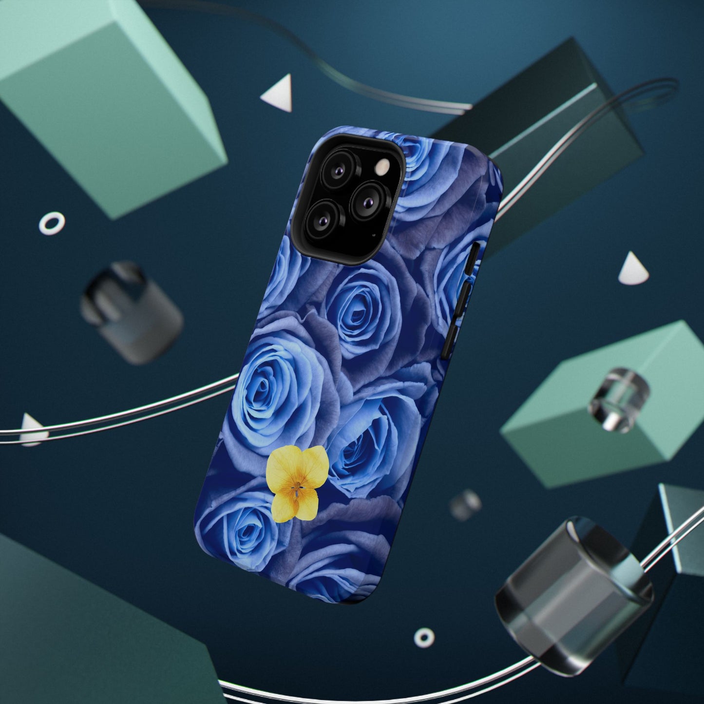 Impact-Resistant Phone Case - Blue Roses & Yellow Flower Design