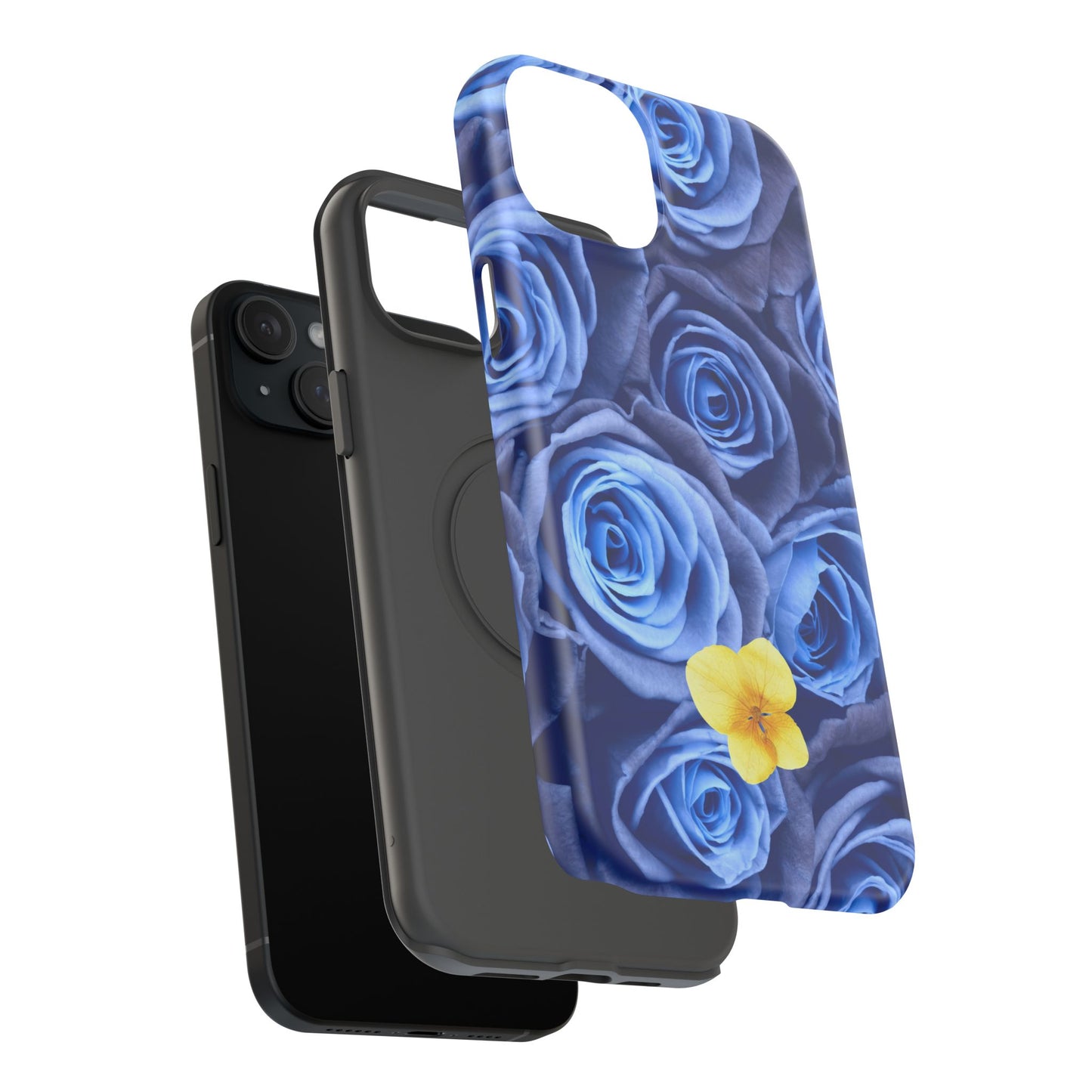 Impact-Resistant Phone Case - Blue Roses & Yellow Flower Design