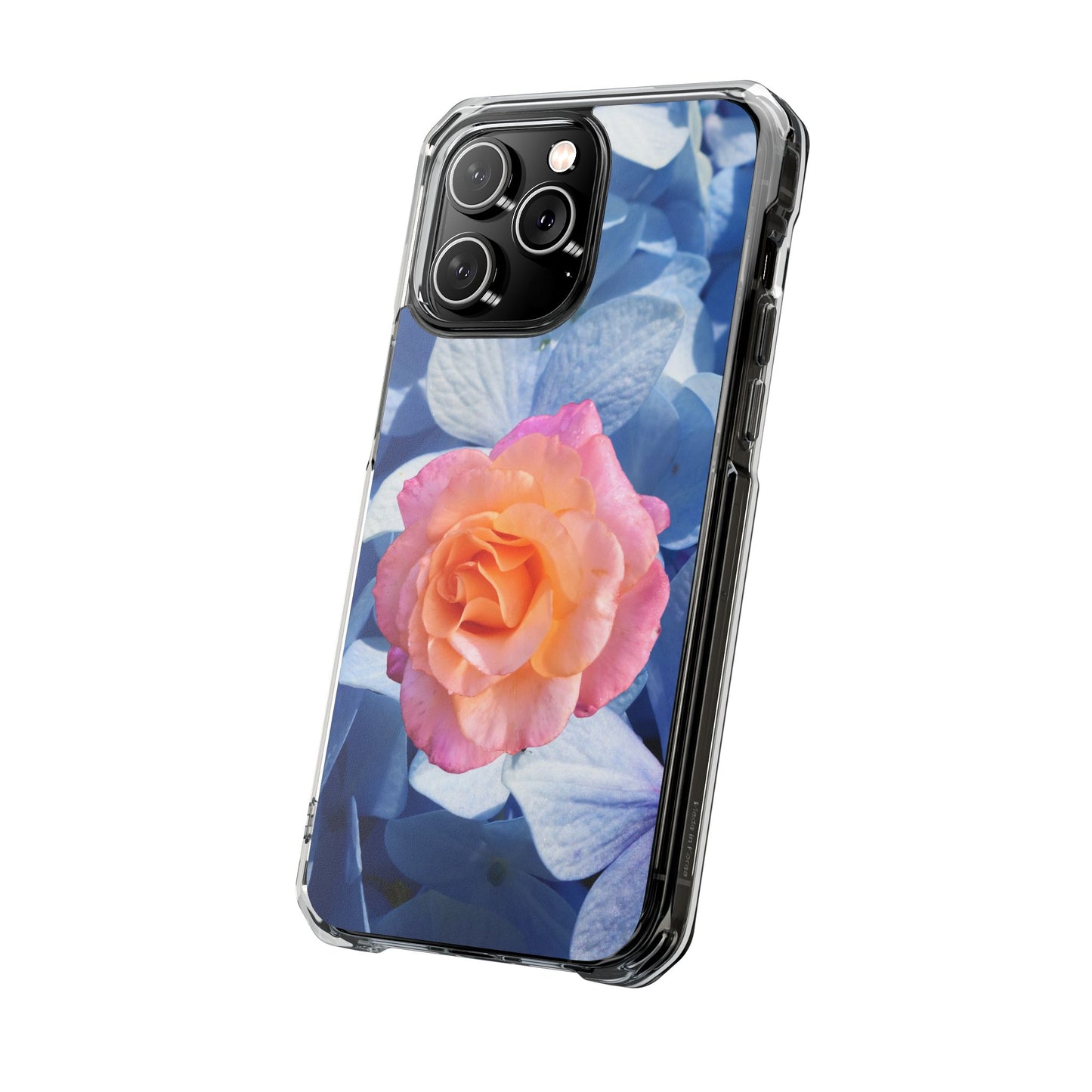 Magnetic Clear Impact Case- Rose on Blue Flowers Background