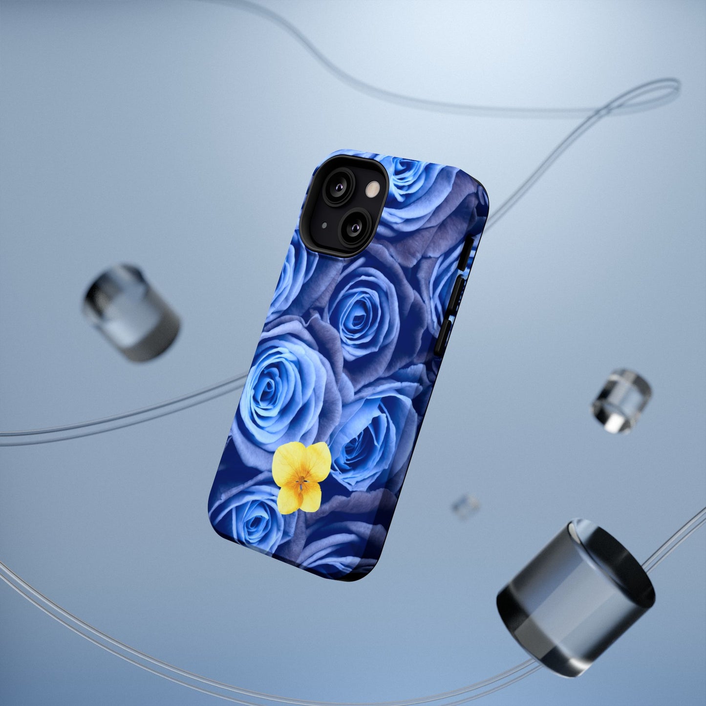 Impact-Resistant Phone Case - Blue Roses & Yellow Flower Design