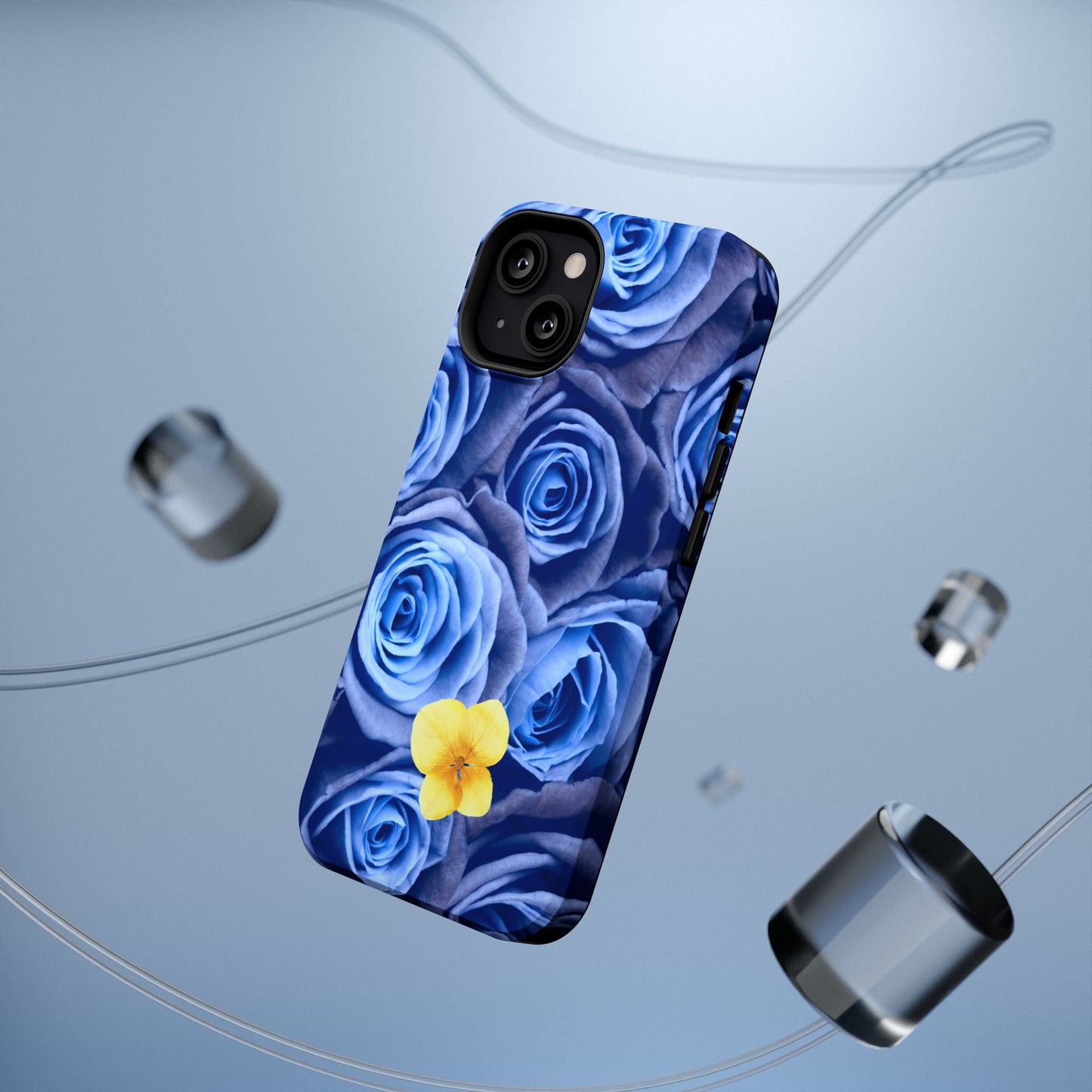 Impact-Resistant Phone Case - Blue Roses & Yellow Flower Design