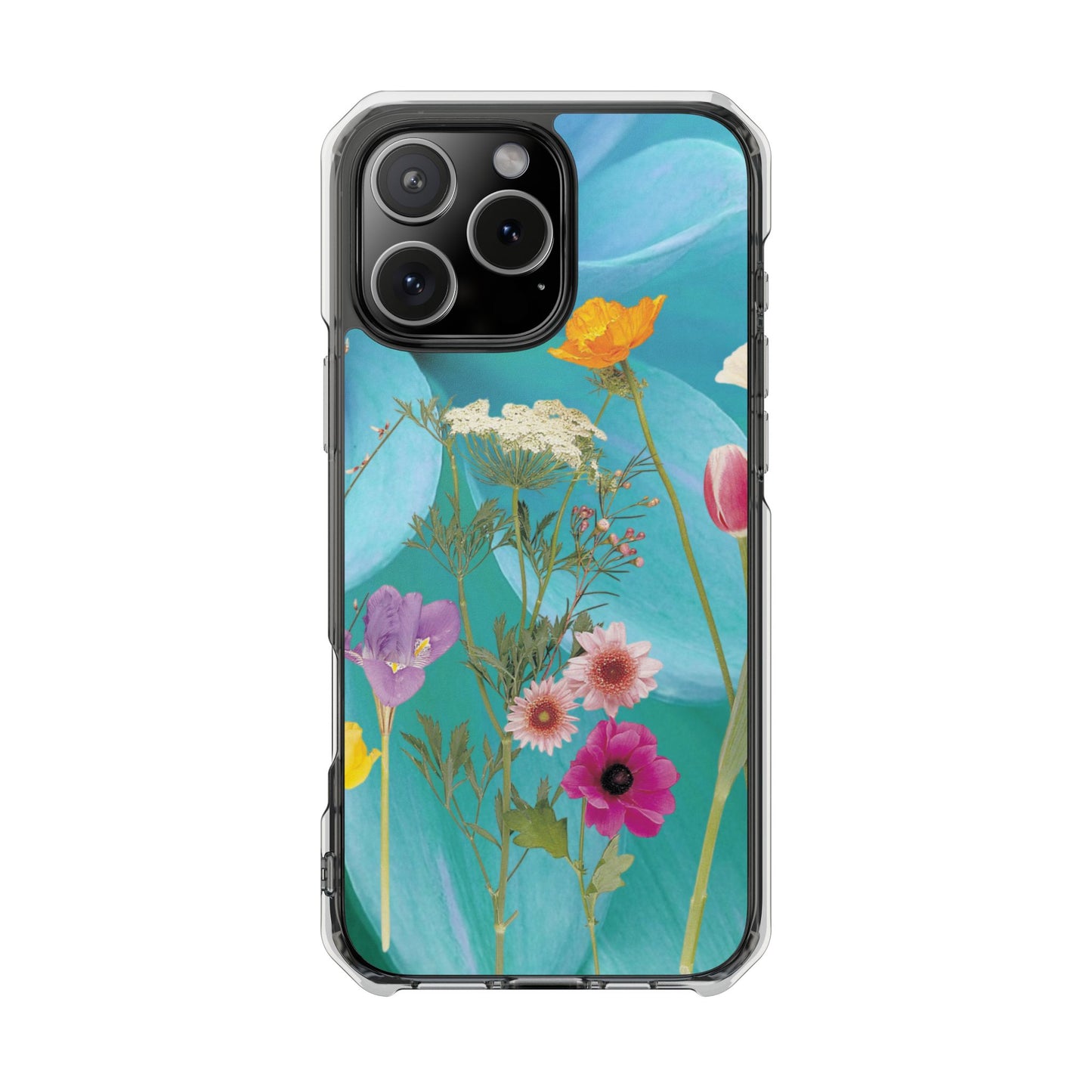 Magnetic Clear Impact Phone Case - Field Summer Flowers on Blue Dahlia Background