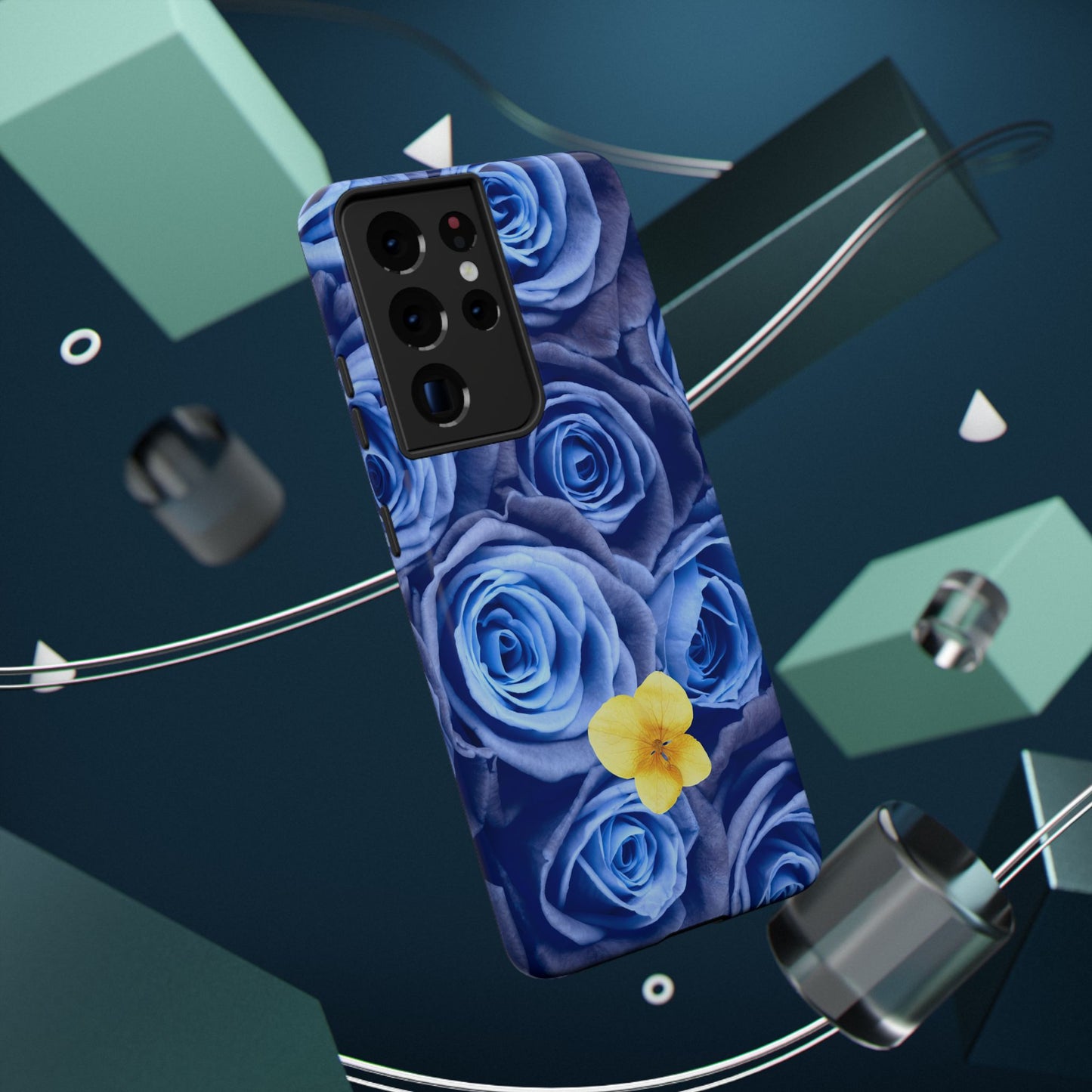 Impact-Resistant Phone Case - Blue Roses & Yellow Flower Design