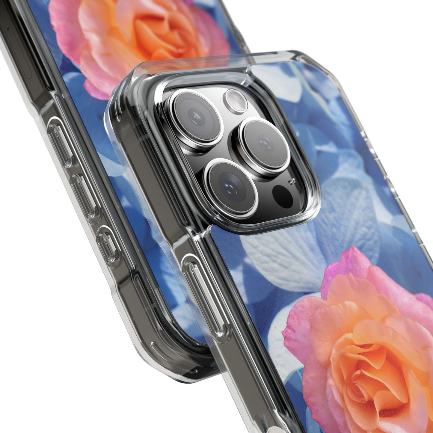 Magnetic Clear Impact Case- Rose on Blue Flowers Background