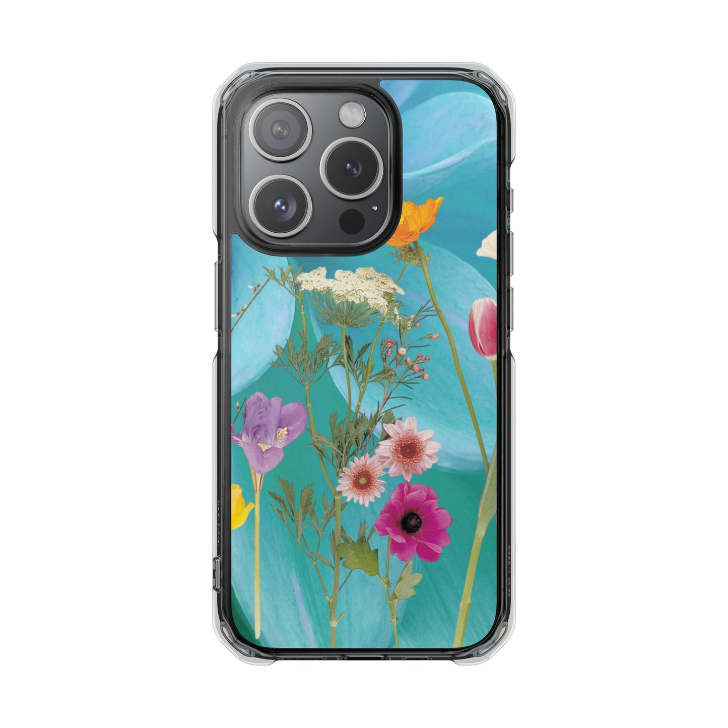 Magnetic Clear Impact Phone Case - Field Summer Flowers on Blue Dahlia Background