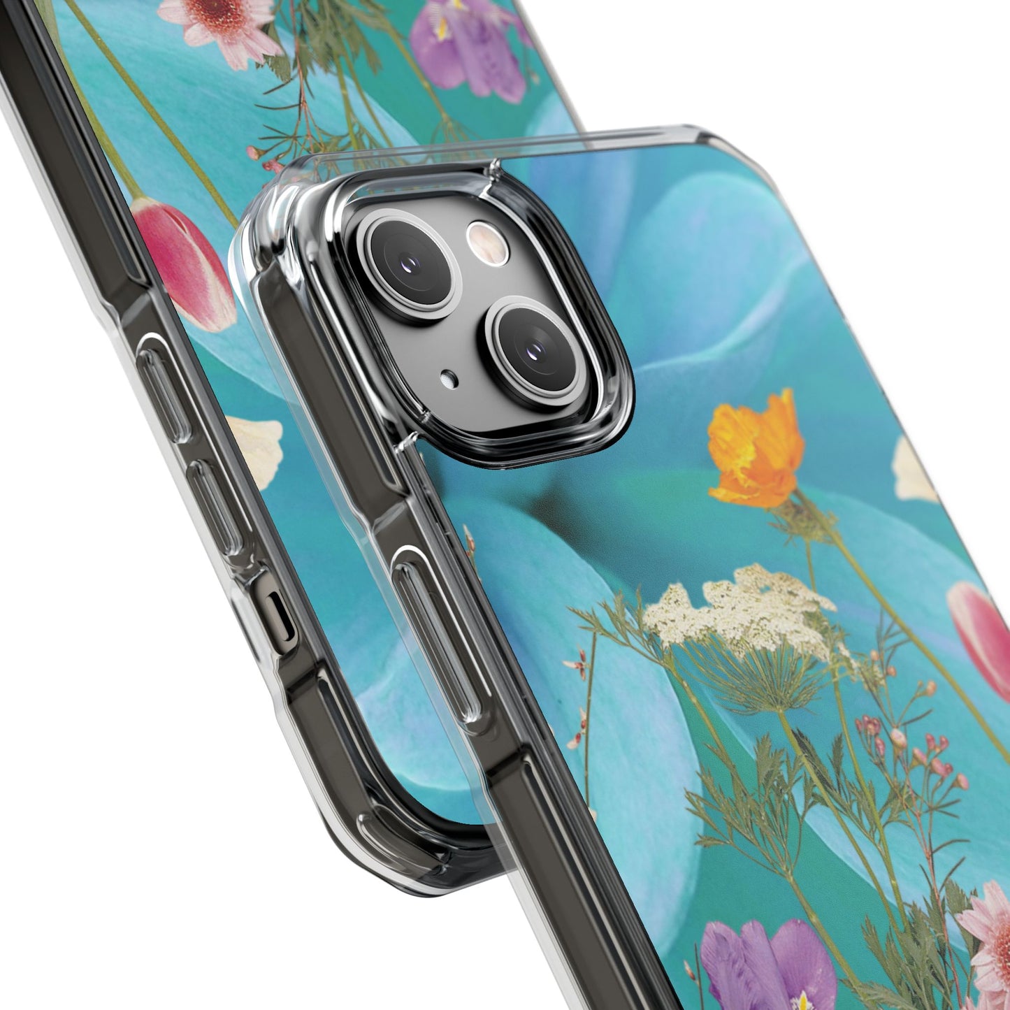 Magnetic Clear Impact Phone Case - Field Summer Flowers on Blue Dahlia Background