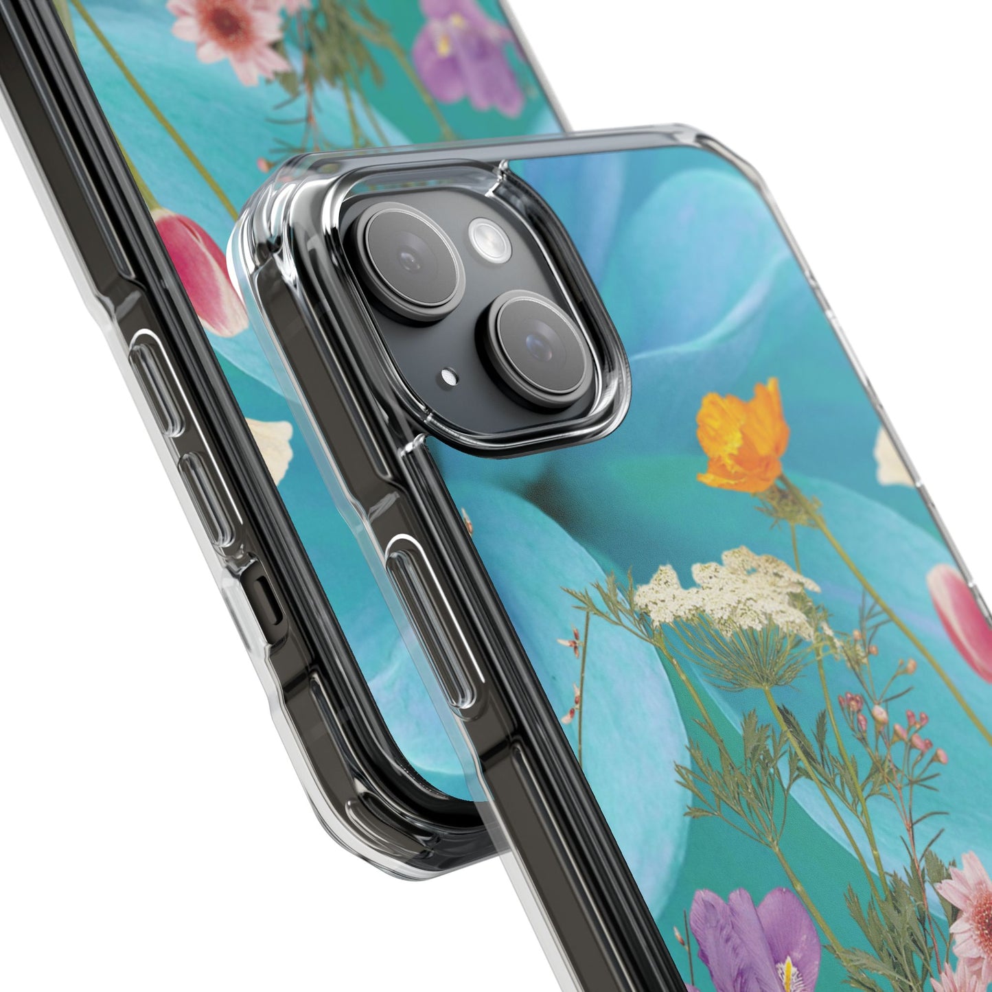 Magnetic Clear Impact Phone Case - Field Summer Flowers on Blue Dahlia Background