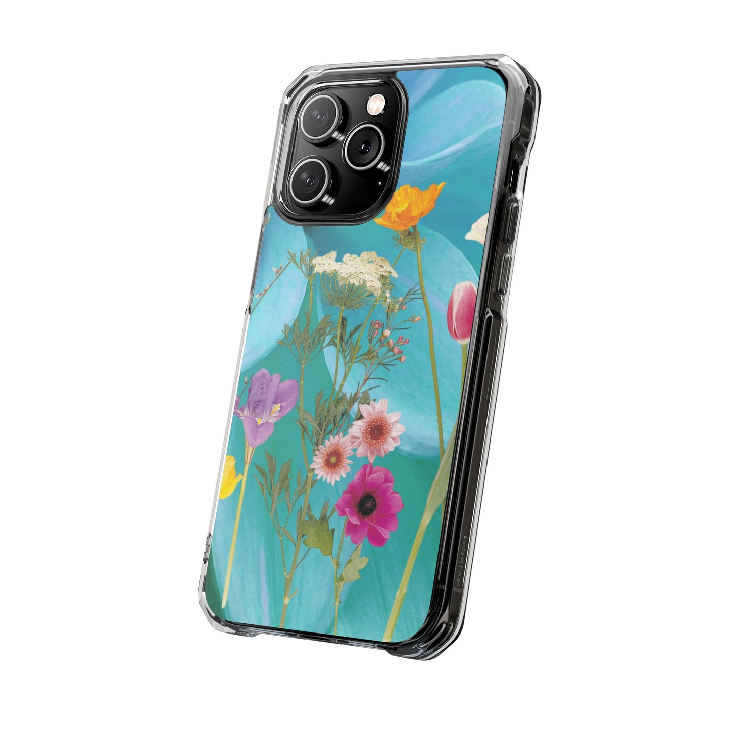 Magnetic Clear Impact Phone Case - Field Summer Flowers on Blue Dahlia Background