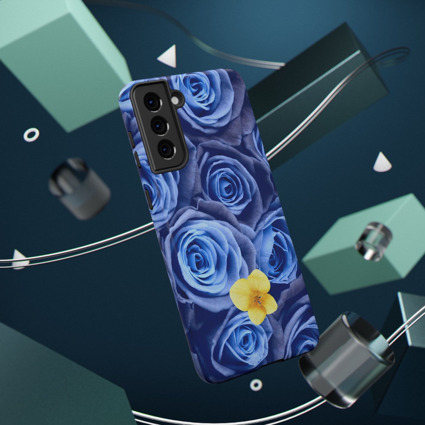 Impact-Resistant Phone Case - Blue Roses & Yellow Flower Design