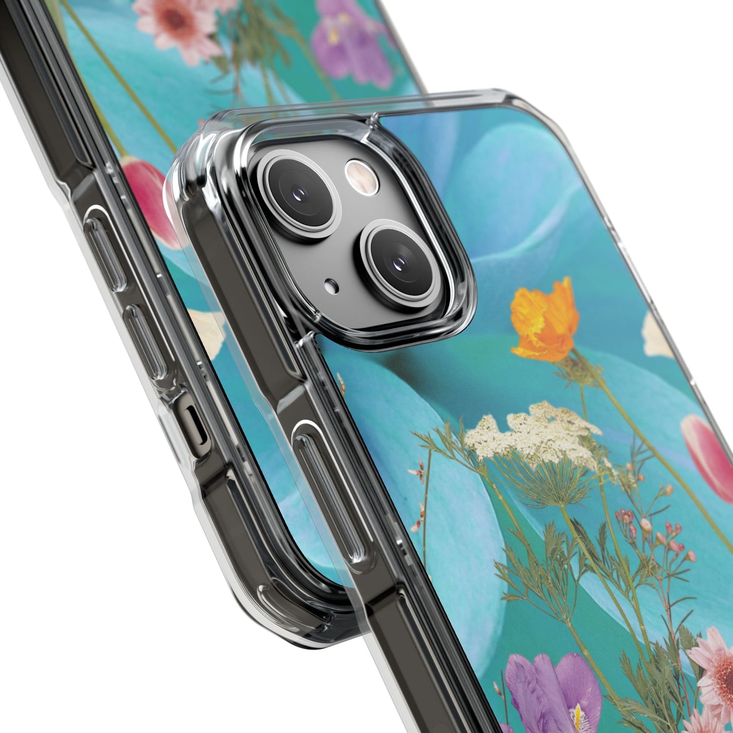 Magnetic Clear Impact Phone Case - Field Summer Flowers on Blue Dahlia Background