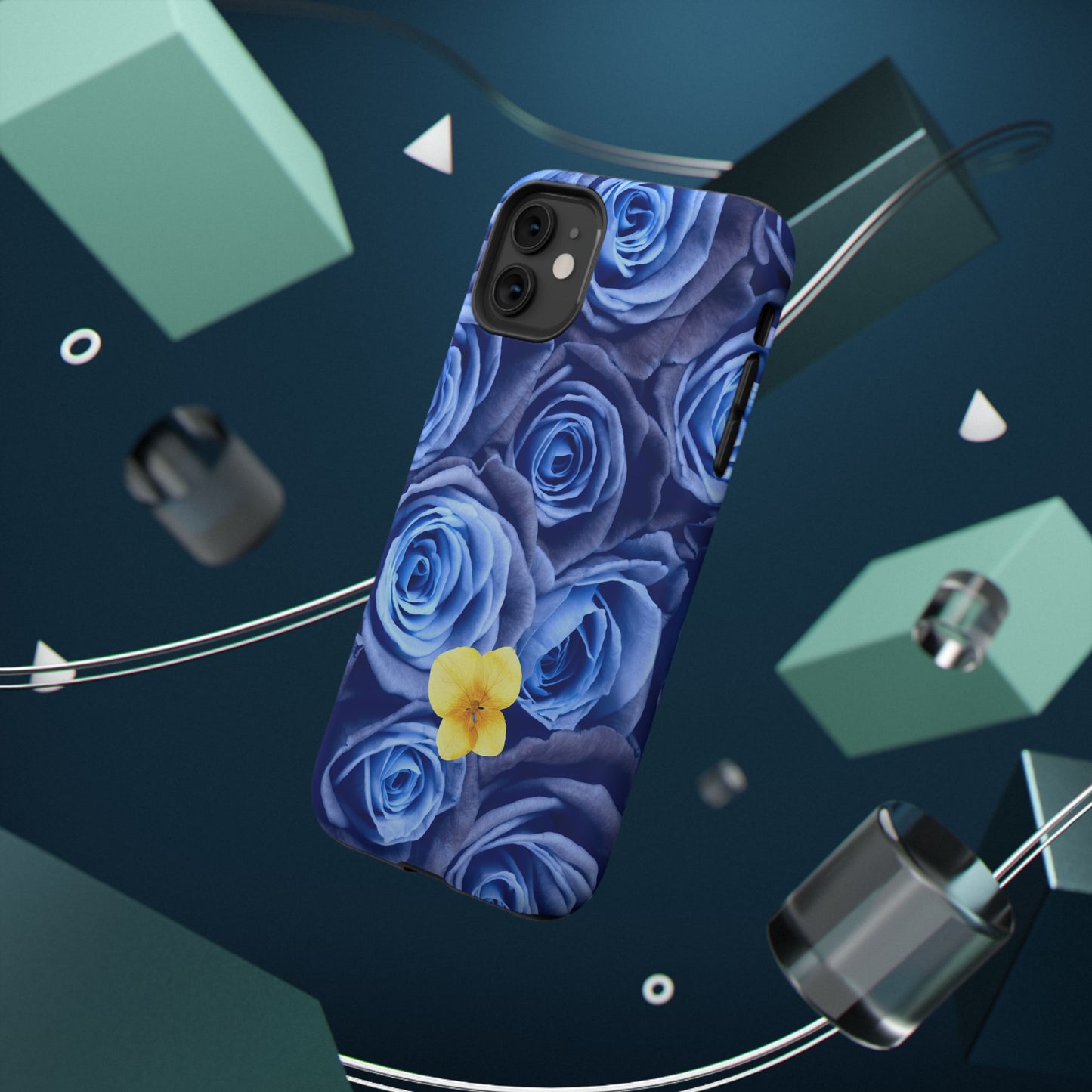 Impact-Resistant Phone Case - Blue Roses & Yellow Flower Design