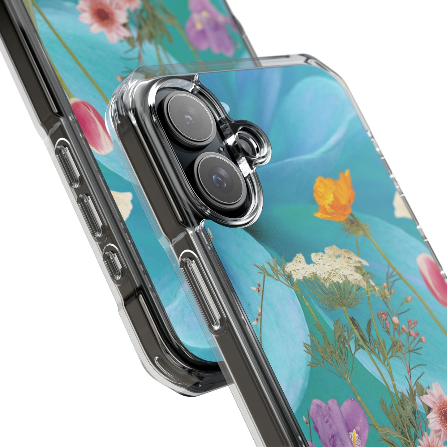 Magnetic Clear Impact Phone Case - Field Summer Flowers on Blue Dahlia Background