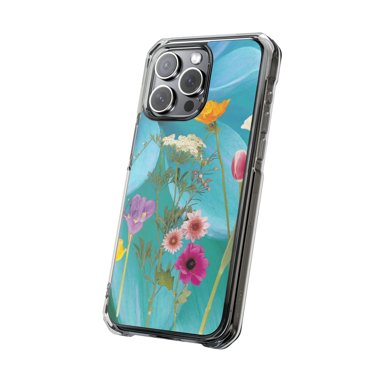 Magnetic Clear Impact Phone Case - Field Summer Flowers on Blue Dahlia Background