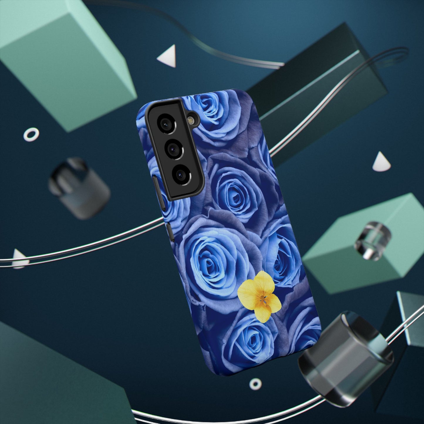 Impact-Resistant Phone Case - Blue Roses & Yellow Flower Design