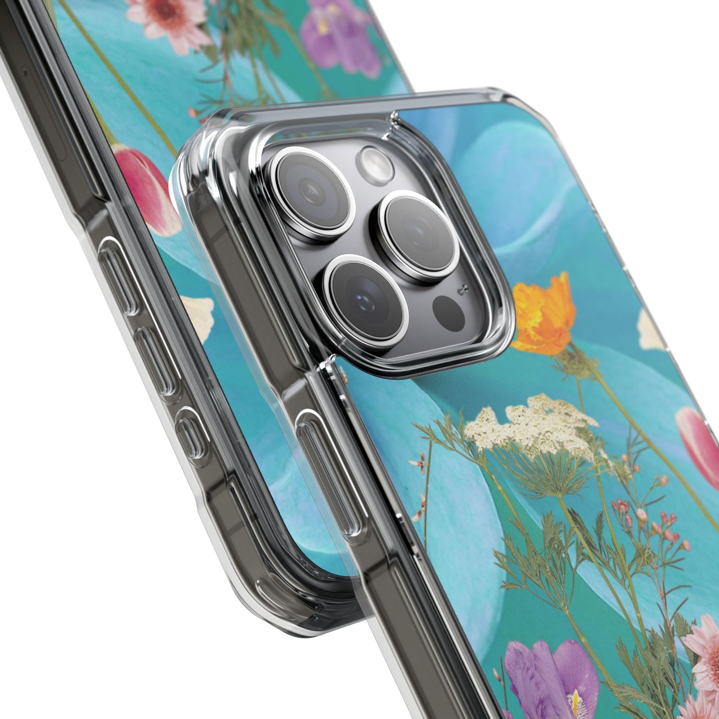 Magnetic Clear Impact Phone Case - Field Summer Flowers on Blue Dahlia Background