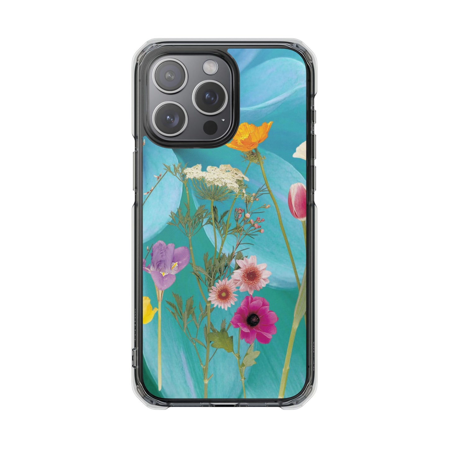 Magnetic Clear Impact Phone Case - Field Summer Flowers on Blue Dahlia Background