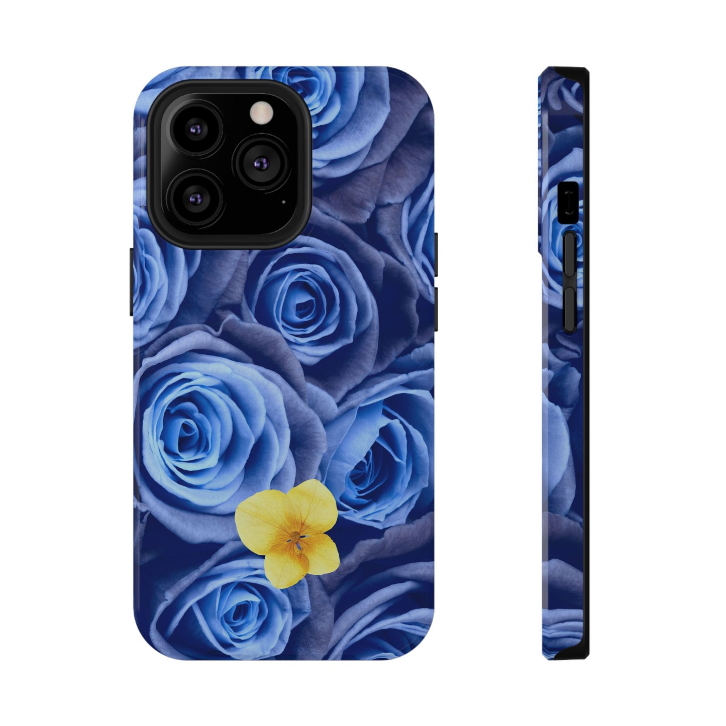 Impact-Resistant Phone Case - Blue Roses & Yellow Flower Design