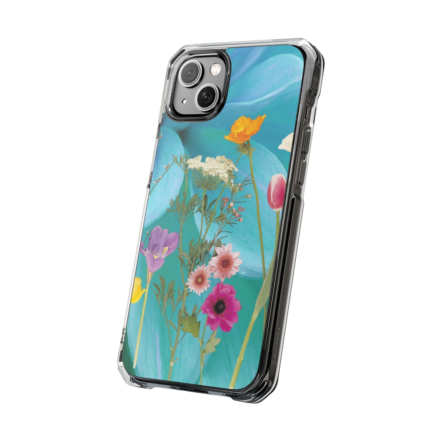 Magnetic Clear Impact Phone Case - Field Summer Flowers on Blue Dahlia Background