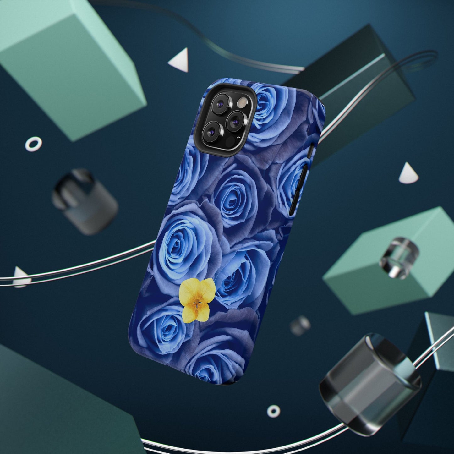 Impact-Resistant Phone Case - Blue Roses & Yellow Flower Design