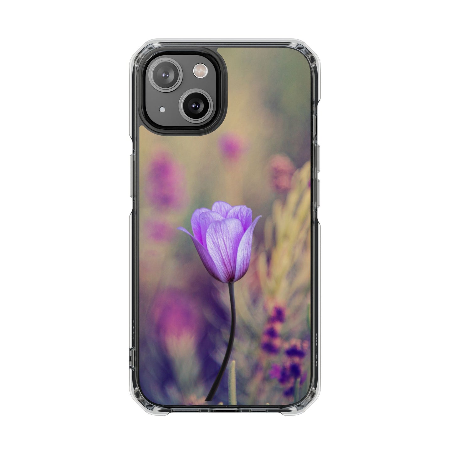 Magnetic Clear Impact Case - Purple Flower on Lavender Field Background