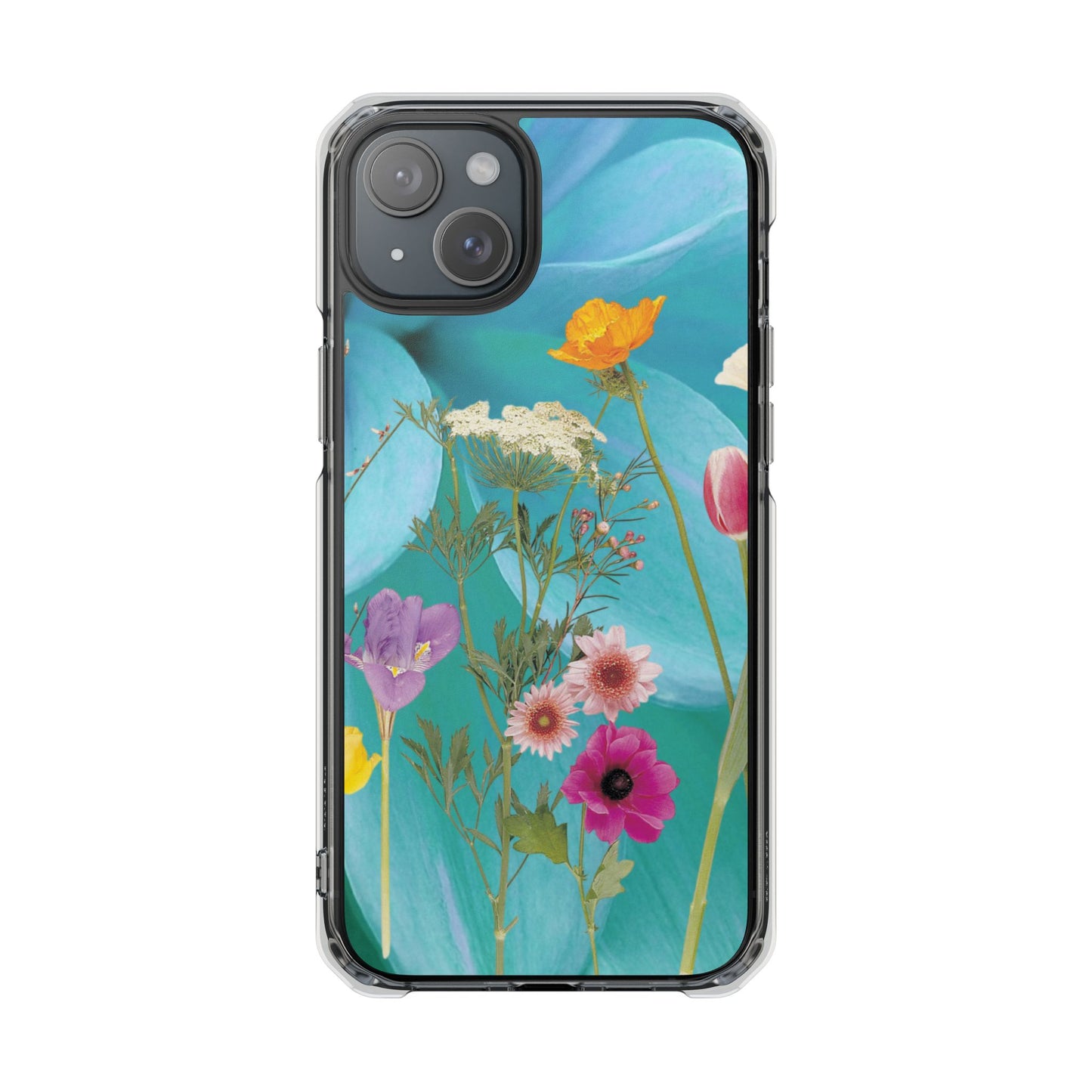 Magnetic Clear Impact Phone Case - Field Summer Flowers on Blue Dahlia Background