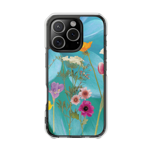 Magnetic Clear Impact Phone Case - Field Summer Flowers on Blue Dahlia Background