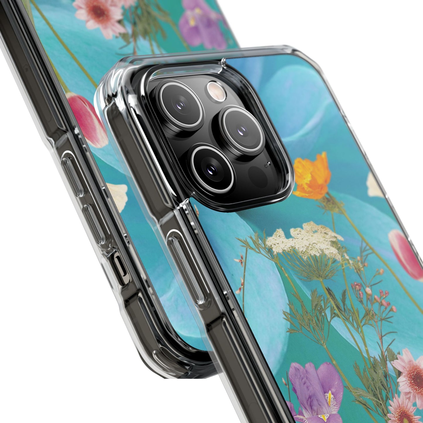 Magnetic Clear Impact Phone Case - Field Summer Flowers on Blue Dahlia Background