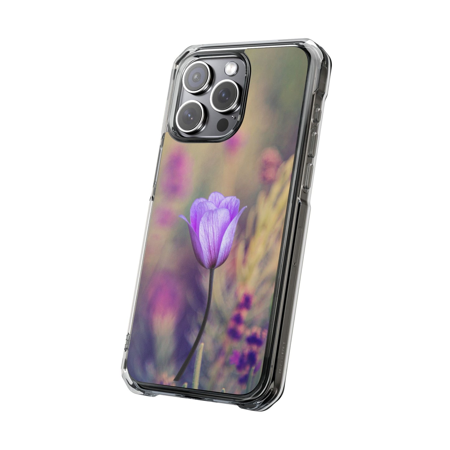 Magnetic Clear Impact Case - Purple Flower on Lavender Field Background