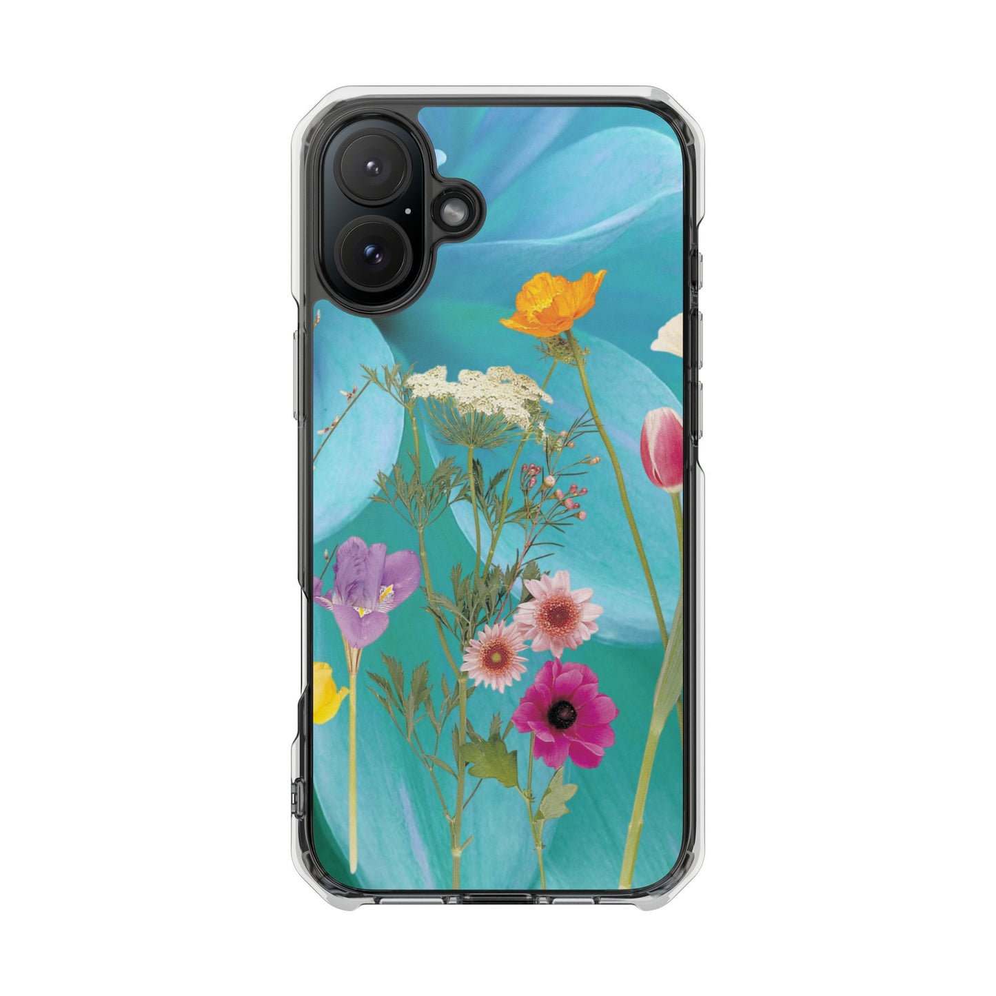 Magnetic Clear Impact Phone Case - Field Summer Flowers on Blue Dahlia Background