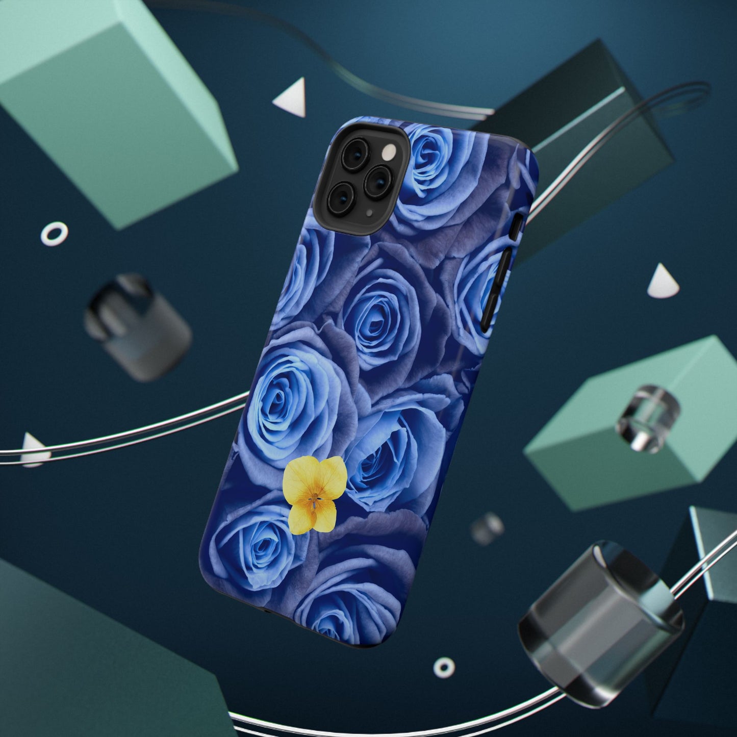 Impact-Resistant Phone Case - Blue Roses & Yellow Flower Design