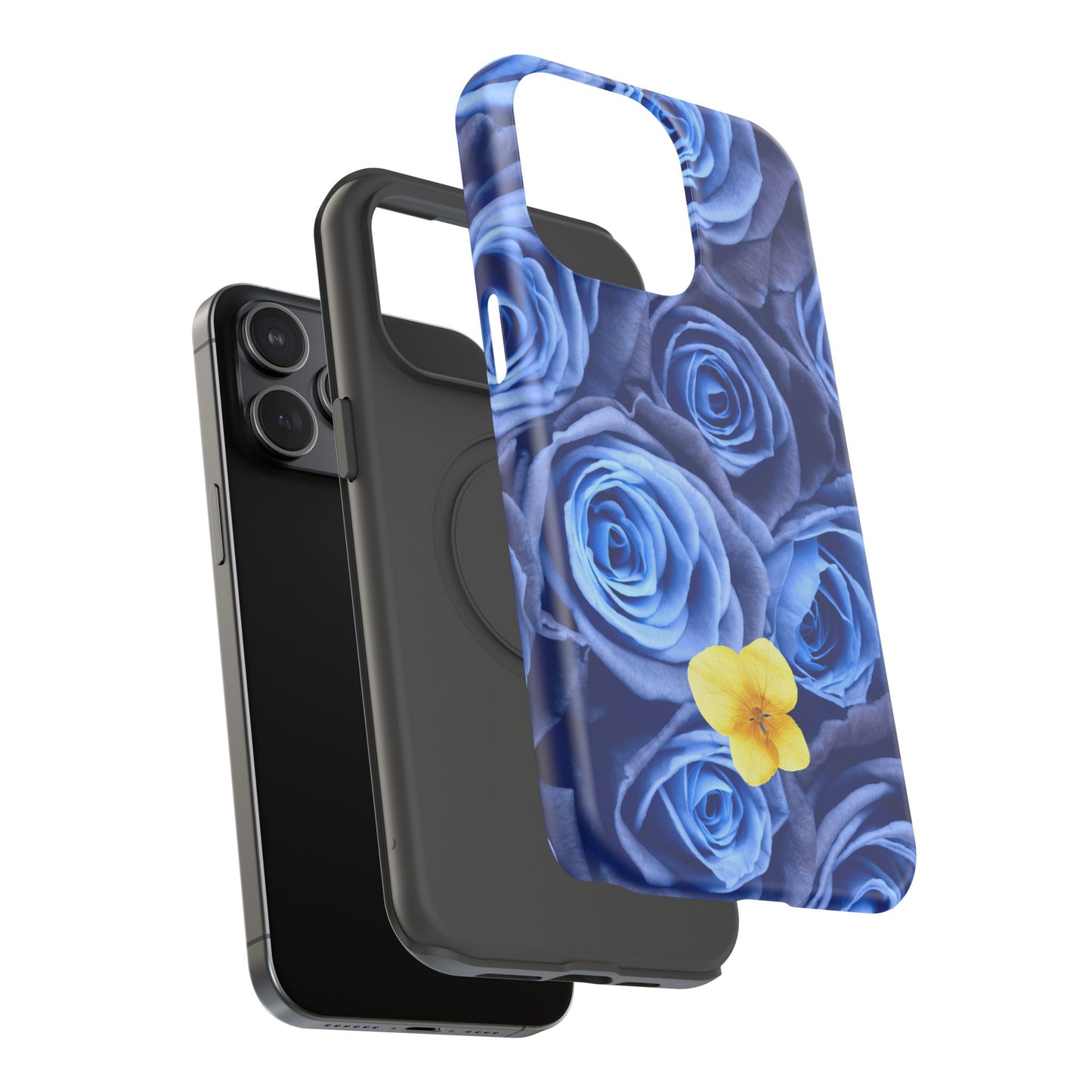 Impact-Resistant Phone Case - Blue Roses & Yellow Flower Design