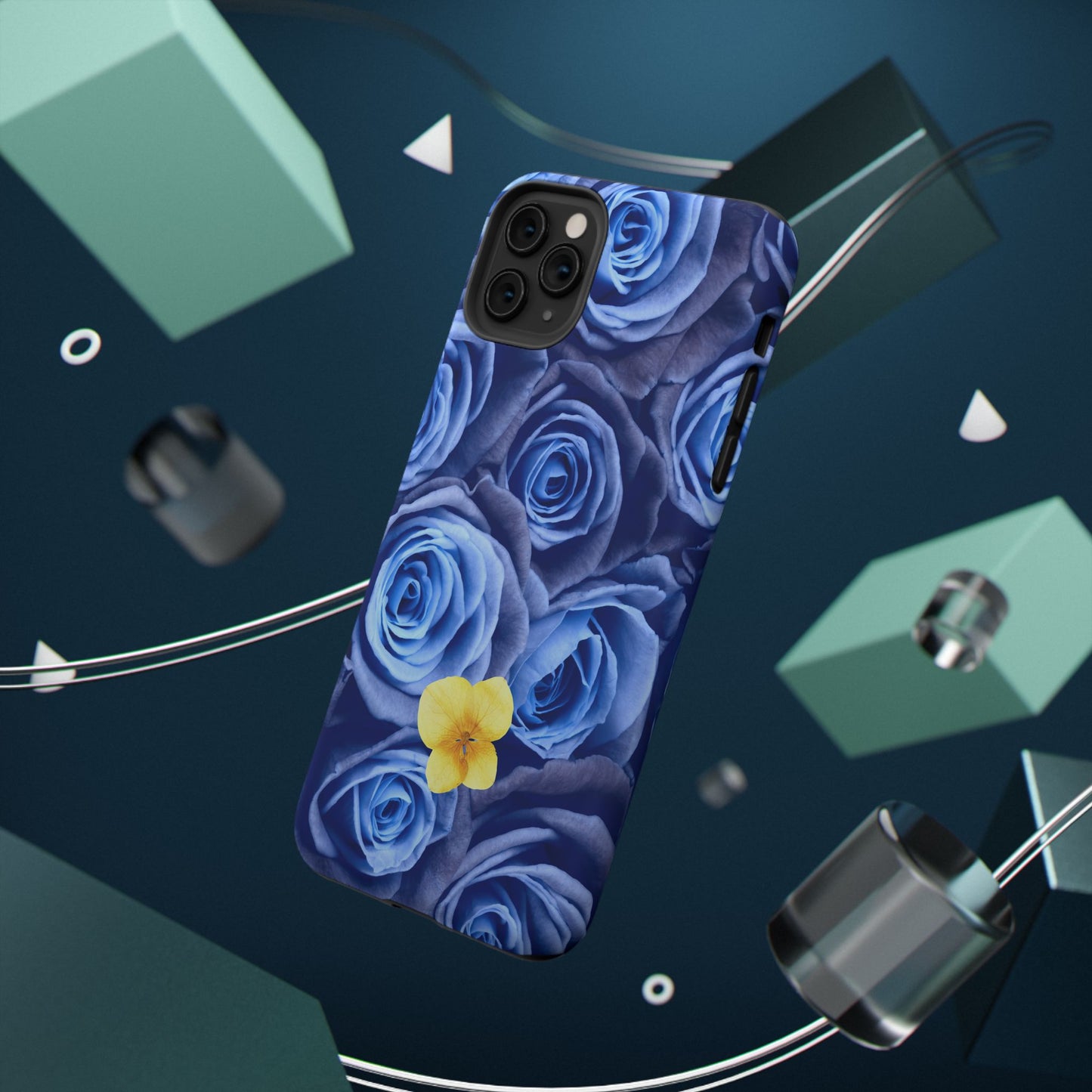 Impact-Resistant Phone Case - Blue Roses & Yellow Flower Design