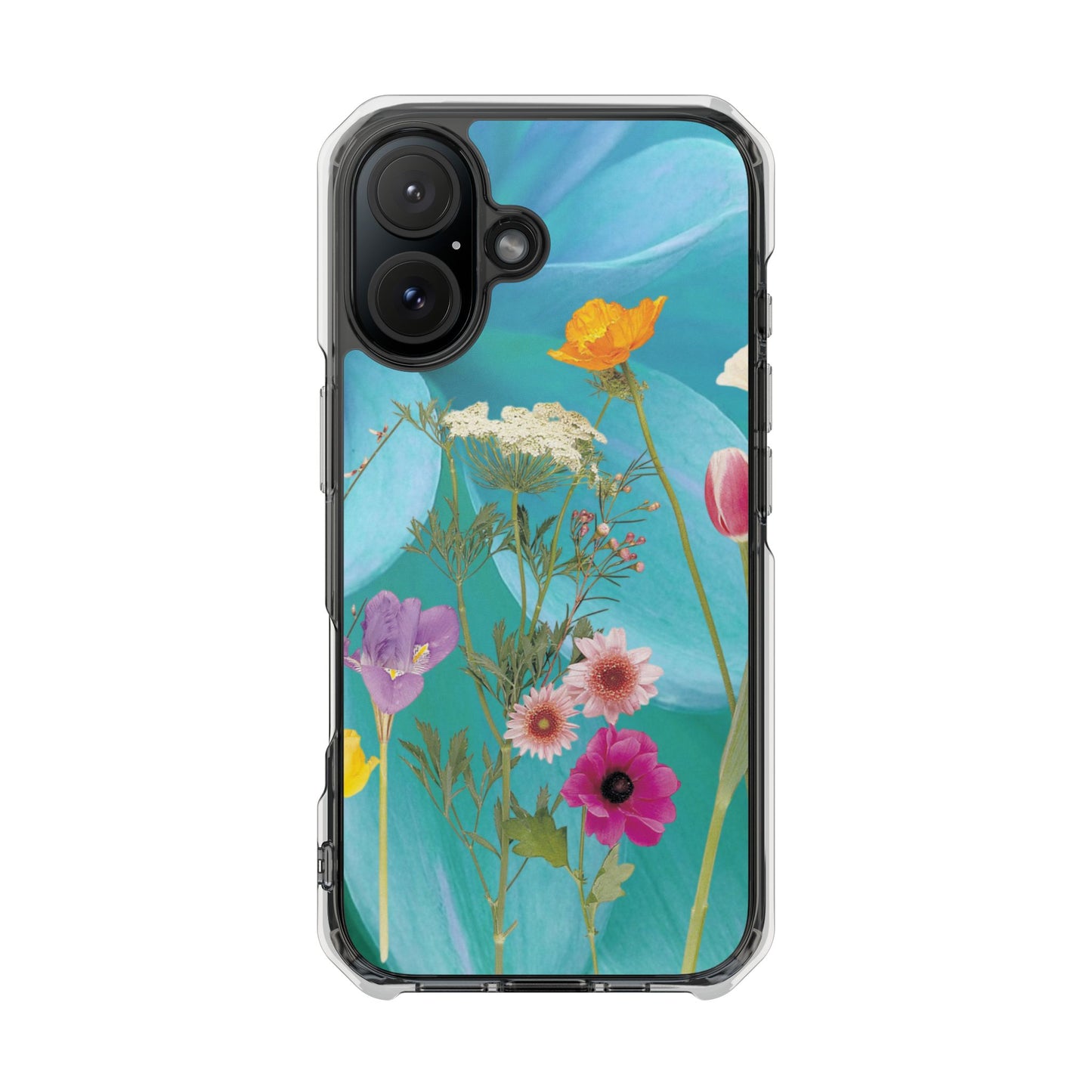 Magnetic Clear Impact Phone Case - Field Summer Flowers on Blue Dahlia Background