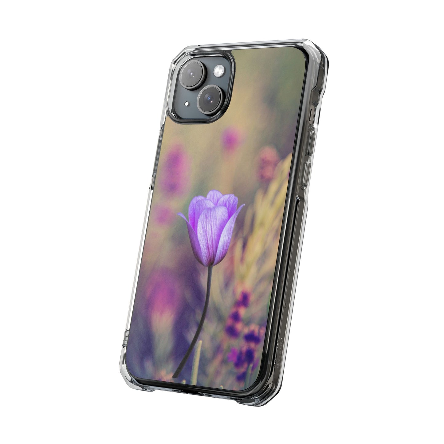 Magnetic Clear Impact Case - Purple Flower on Lavender Field Background